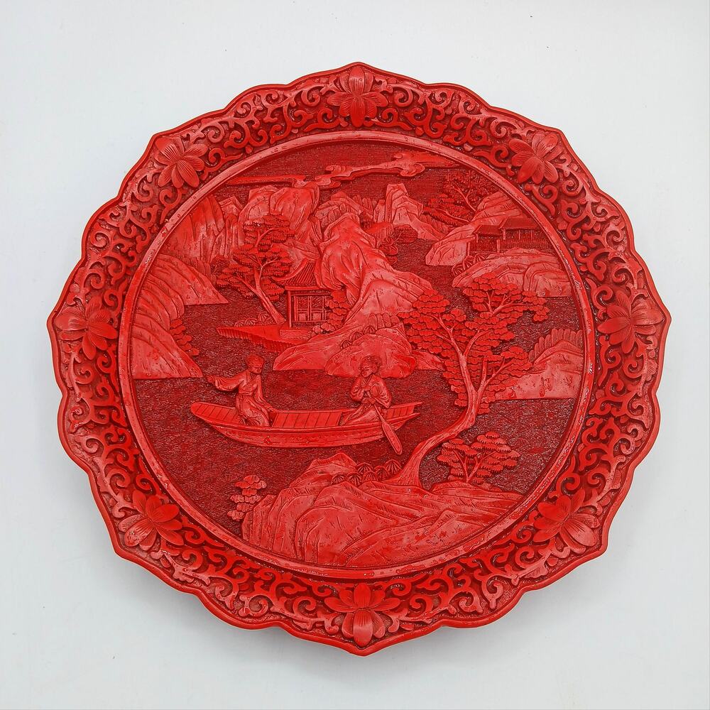 Vintage Antique Chinese Red Cinnabar Hand Carved Landscape Plate
